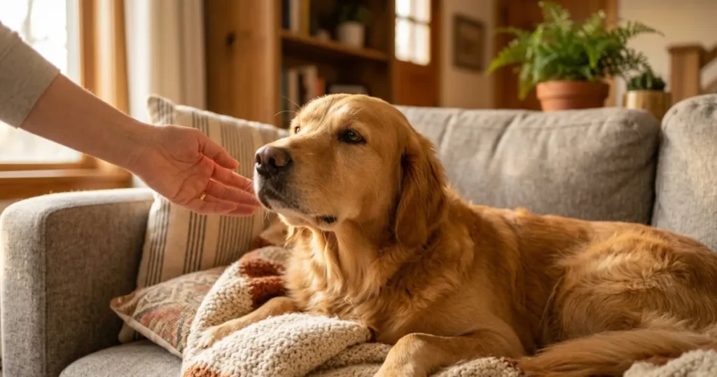 Dog Fitting in Sleep: Golden retriever waking from sleep, when nocturnal seizures in dogs often occur