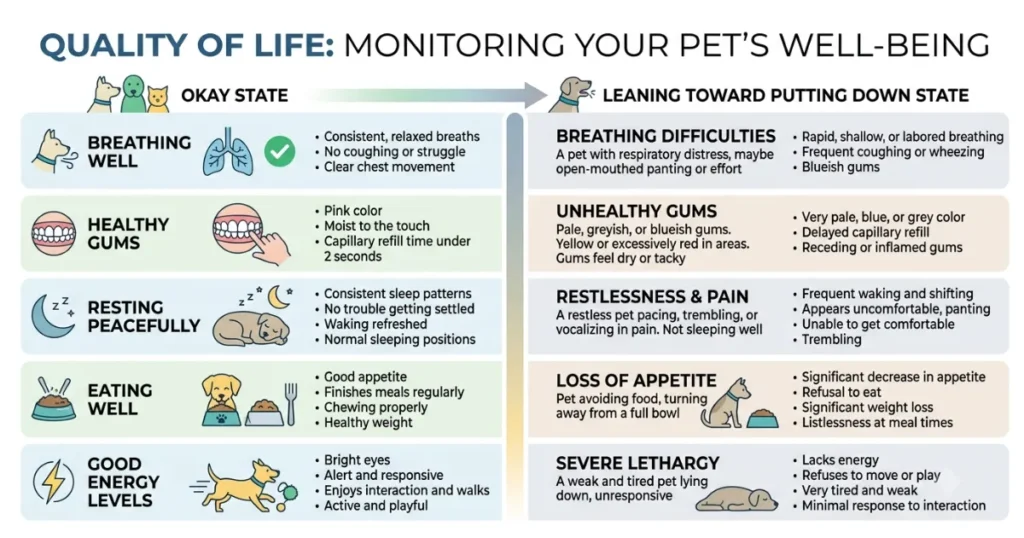 Dog Lung Cancer When to Put Down: Infographic of lung cancer quality of life signs for deciding when to put a dog down.