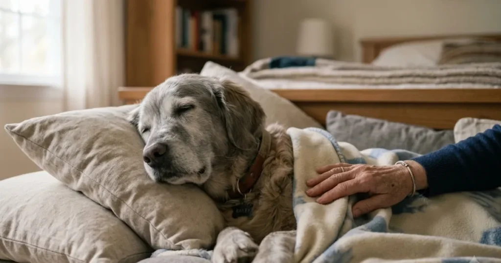Dog Lung Cancer When to Put Down: A dog with lung cancer propped up for easier breathing during comfort care.