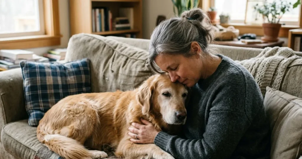 Dog Lung Cancer When to Put Down: Real owner comforting a senior Golden Retriever with lung cancer during hospice care.