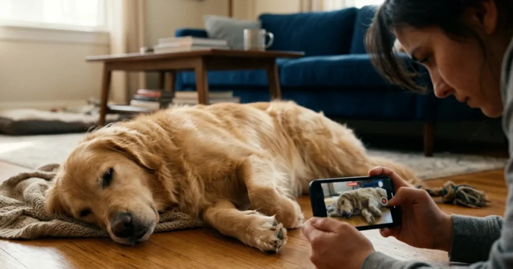 Dog Partial Seizure: Owner recording Golden Retriever focal seizure episode on phone for vet reporting log