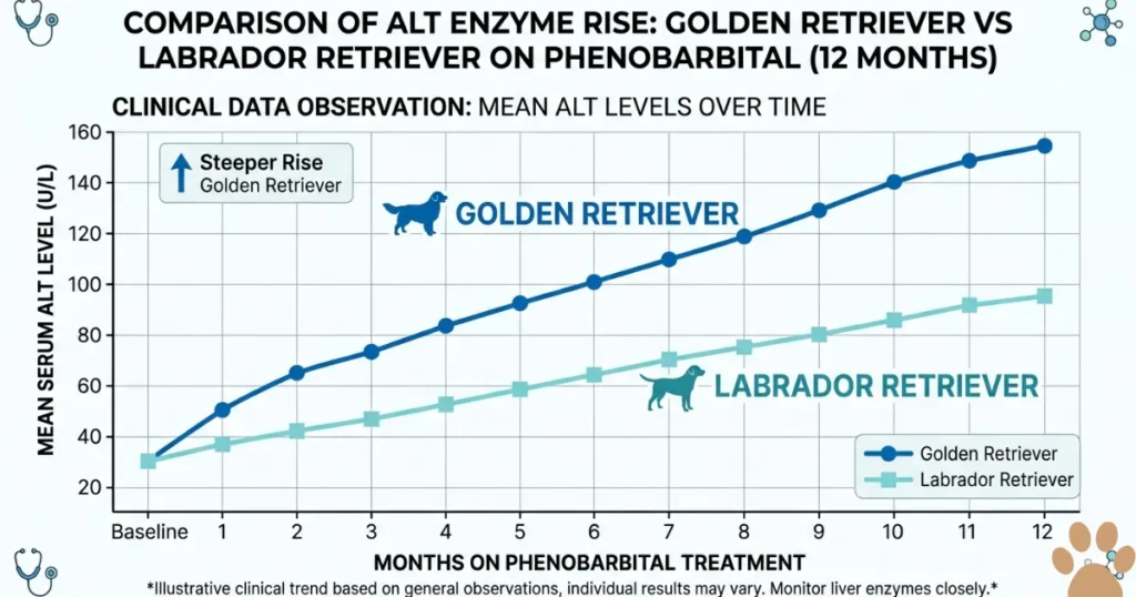 Dog Seizure Tablets: Infographic showing Golden Retriever liver response to anti seizure meds for dogs versus Labradors