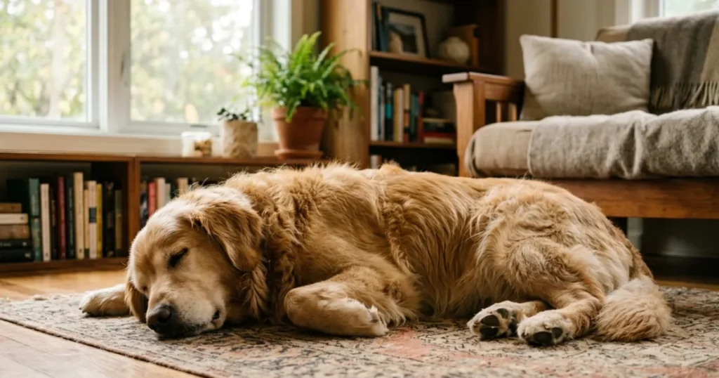 Dog Seizures Out of the Blue: Owner's own Golden resting calmly at home, candid, natural light.