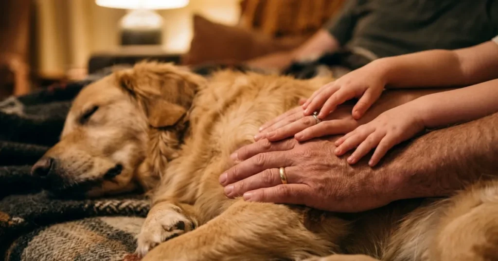 Dog Seizures When to Put a Dog Down: A family sharing a gentle, peaceful goodbye with their Golden Retriever