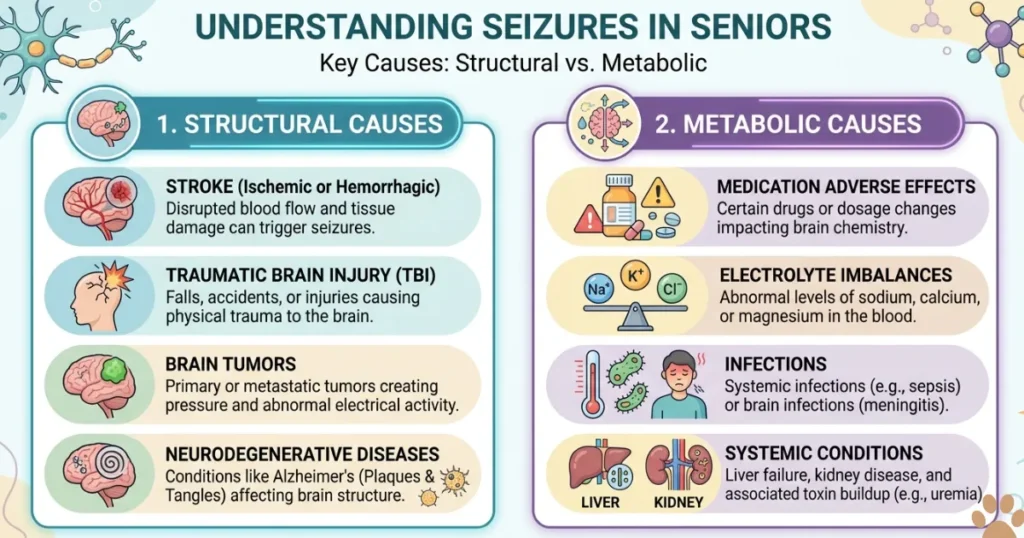 Dog Seizures in Older Dogs: Chart of what seizures in older dogs usually mean, structural vs metabolic