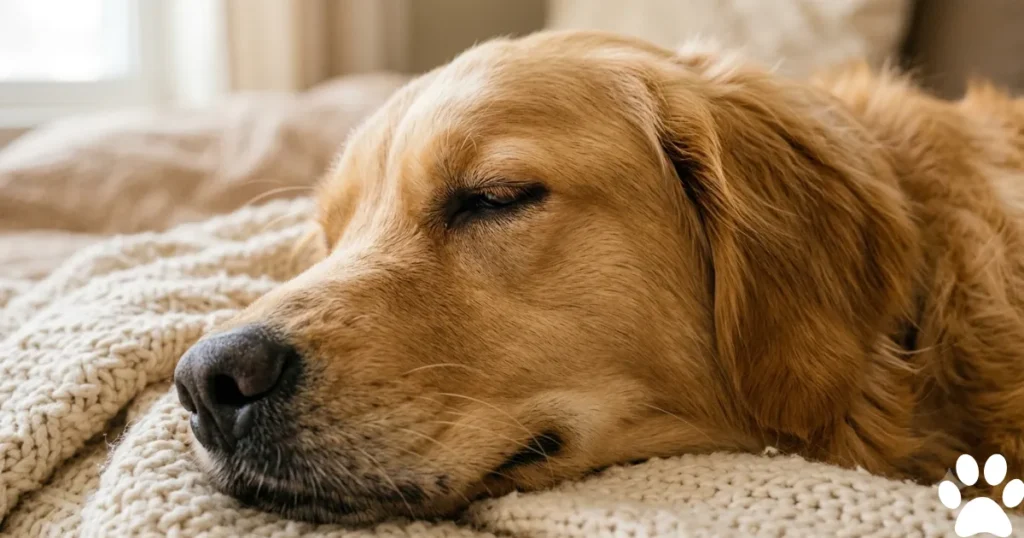 Dog Twitching in Sleep or Seizure: Normal dog twitching in sleep shown by a relaxed dreaming Golden Retriever