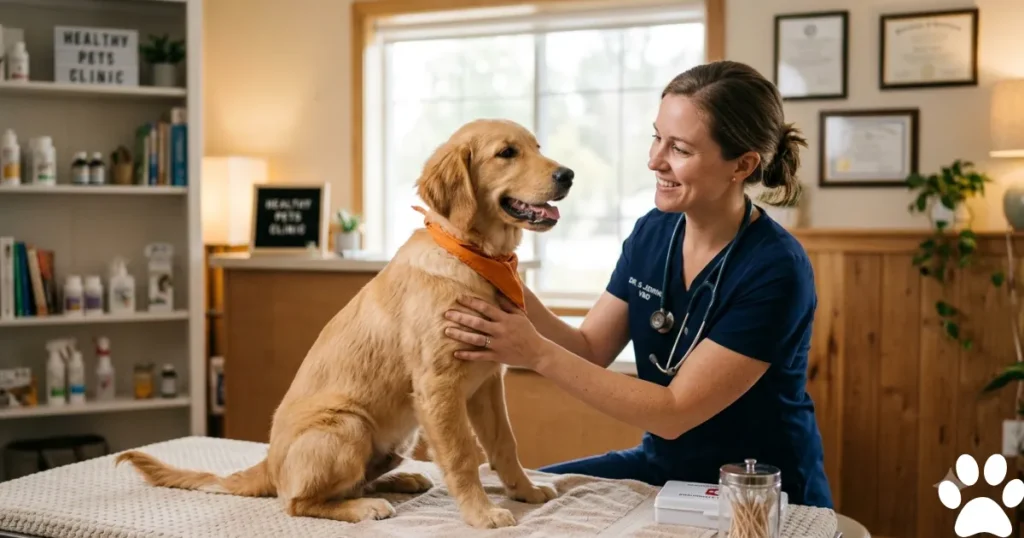 Dog Twitching in Sleep or Seizure, Dog Twitching in Sleep, ROUSE Test: Veterinarian assessing a Golden Retriever after a suspected sleep seizure."