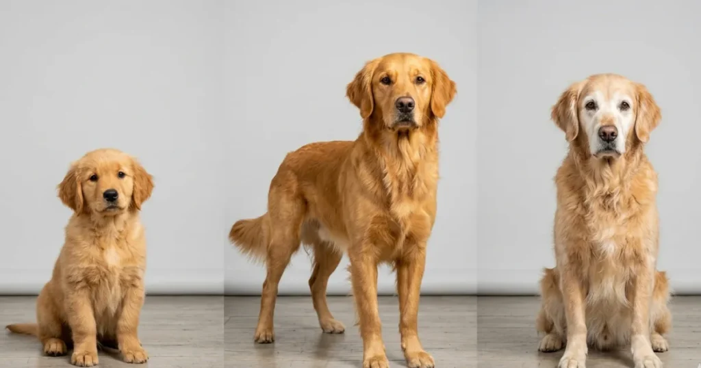 Dog Age Calculator: Senior Golden Retriever showing how dog years to human years shift with age.
