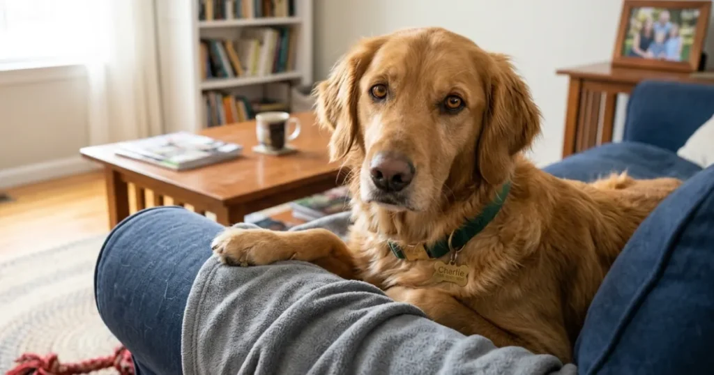Dog Age Chart: 5 year old Golden Retriever Bailey, dog years to human years example.