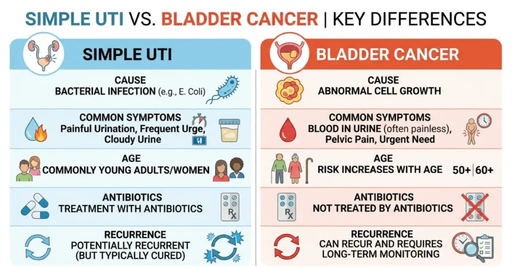 Final Stages of Bladder Cancer Symptoms in Dogs: Infographic comparing a simple UTI with the final stages of bladder cancer symptoms in dogs.