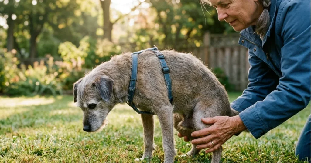 Final Stages of Bladder Cancer in Dogs: Owner helping a dog with bladder cancer manage frequent urination in the final stages.