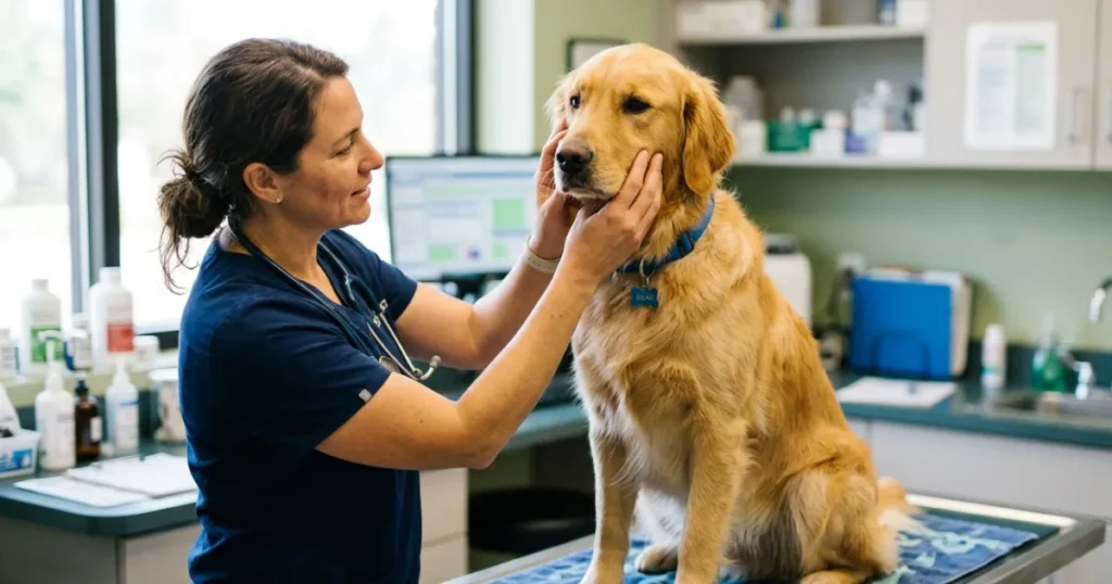 Focal Epilepsy in Dogs: Young Golden Retriever at vet after first focal seizure episode for neurological exam