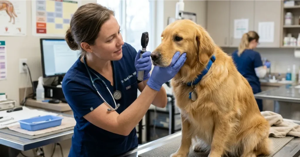 Focal Seizures in Dogs: Vet examining Golden Retriever for focal seizure eye deviation and facial signs