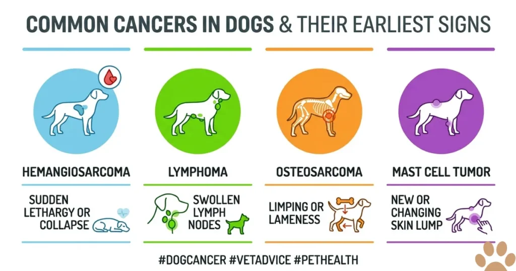 Golden Retriever Cancer Symptoms: Infographic mapping four common Golden Retriever cancers to their earliest warning symptoms