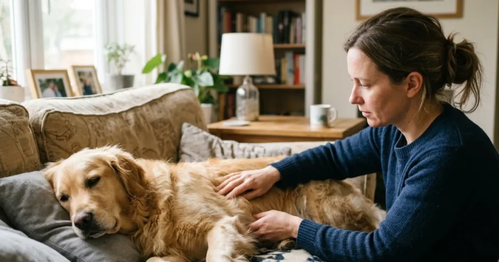 Golden Retriever Cancer Symptoms: Owner performing an at-home lump check for cancer symptoms on a Golden Retriever.