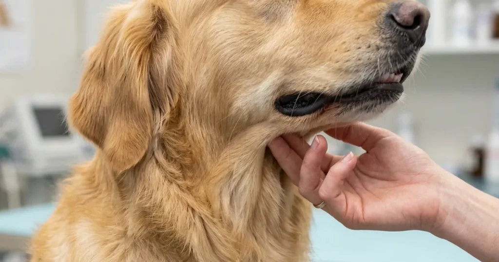 Signs of Cancer in Golden Retrievers: Checking under a Golden Retriever's jaw for swollen lymph nodes linked to lymphoma.