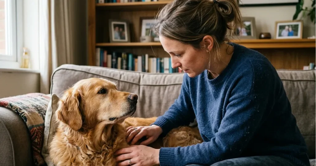 Lymphoma in Dogs: Real Golden Retriever owner performing a monthly cancer symptom check at home.