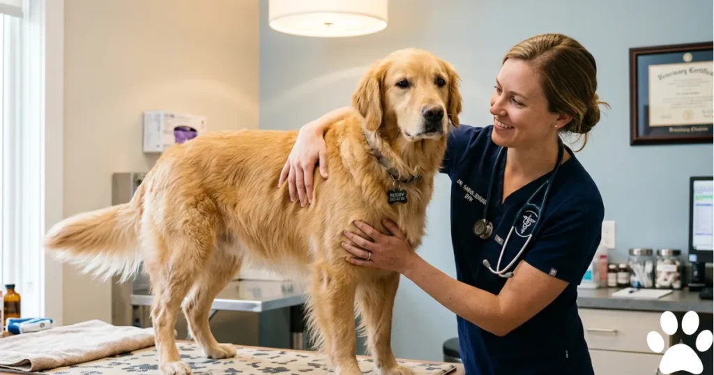 How Long Do Golden Retrievers Live: Vet screening a Golden Retriever for cancer to protect lifespan.