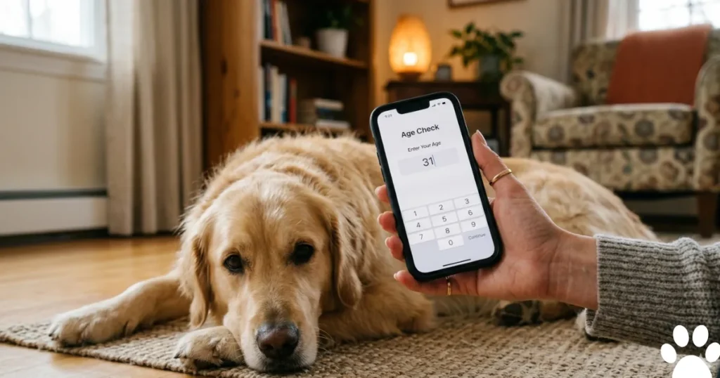 How Many Dog Years Is One Human Year: Human years to dog years calculator used beside a Golden Retriever.