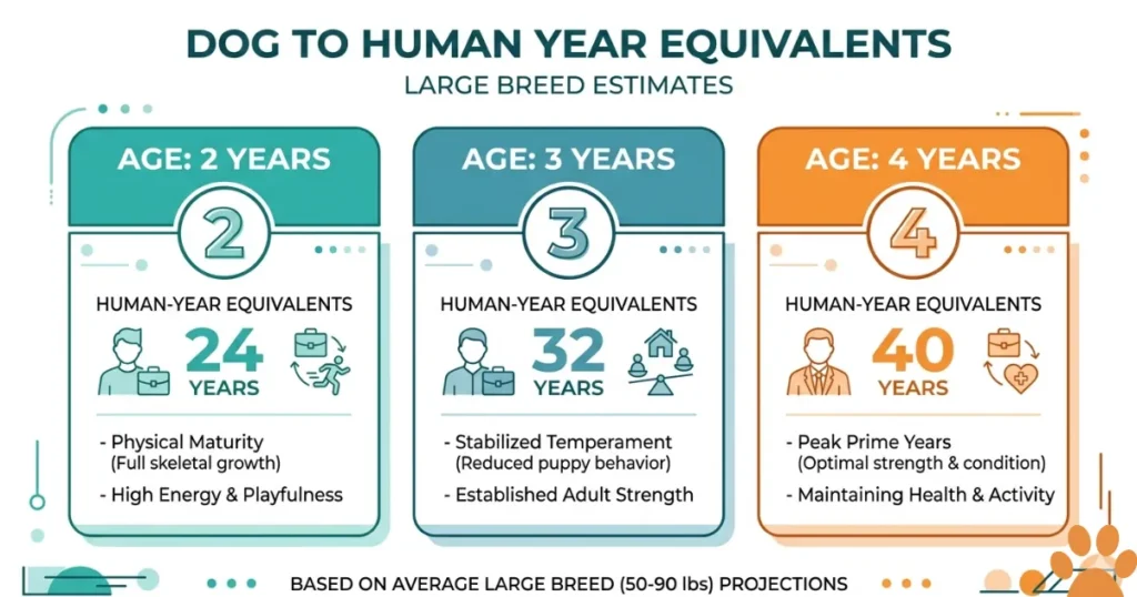 How Old Is 3 in Dog Years: Dog years chart for a 2, 3 and 4 year old large breed.
