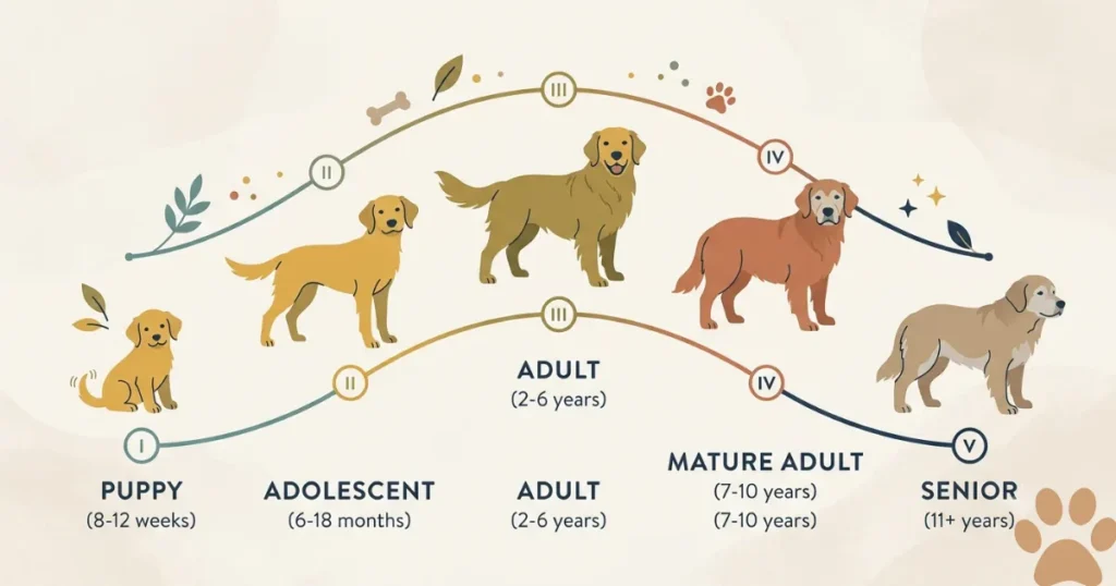 How Old Is 6 Months in Dog Years: Dog life cycle stages from puppy through senior for a Golden Retriever.