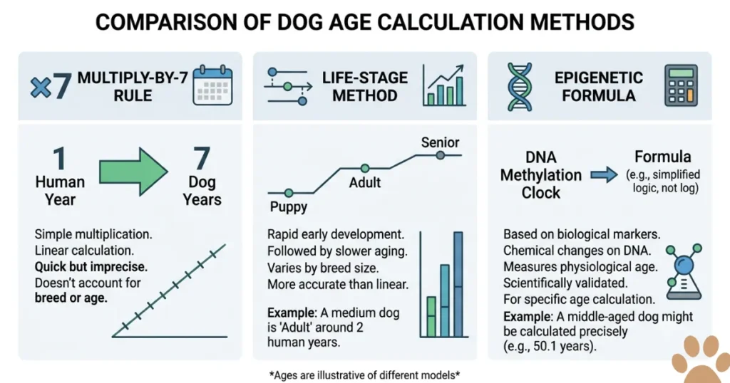 How is Dog Age Calculated: Three dog age calculation methods compared, including the dog age formula.