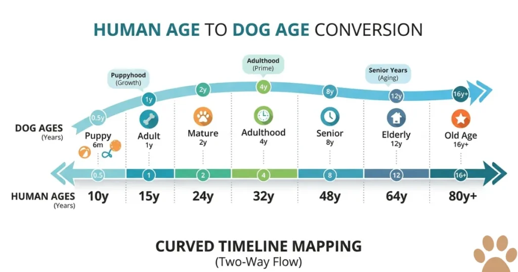 Human Years to Dog Years Calculator: Reverse chart converting human years to dog years for a large breed.