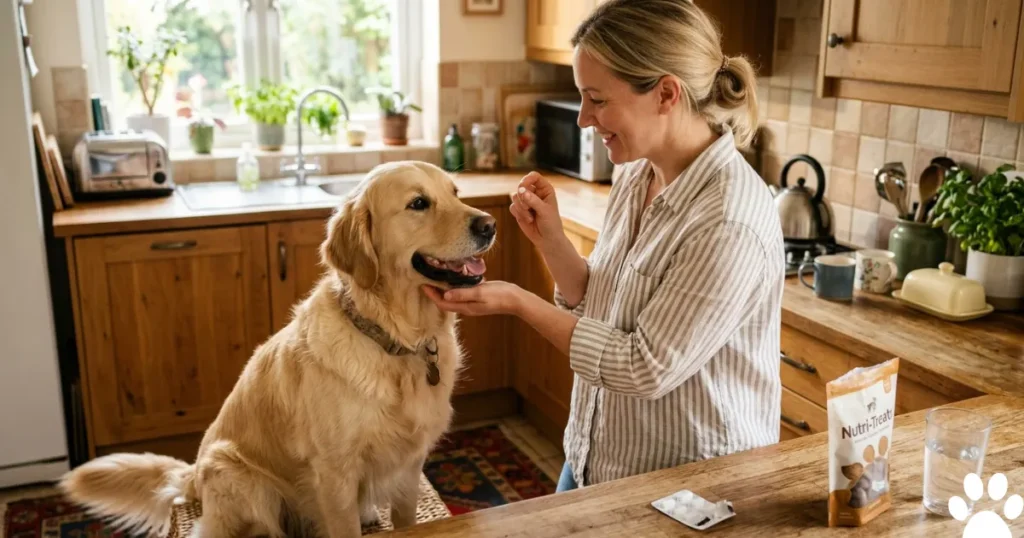Hypothyroidism Medication: Owner administering levothyroxine to Golden Retriever as part of daily canine hypothyroidism medication routine