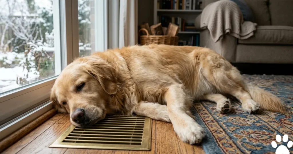 Hypothyroidism in Dogs Symptoms: Golden Retriever seeking warmth at floor vent — cold intolerance symptom of hypothyroidism in dogs
