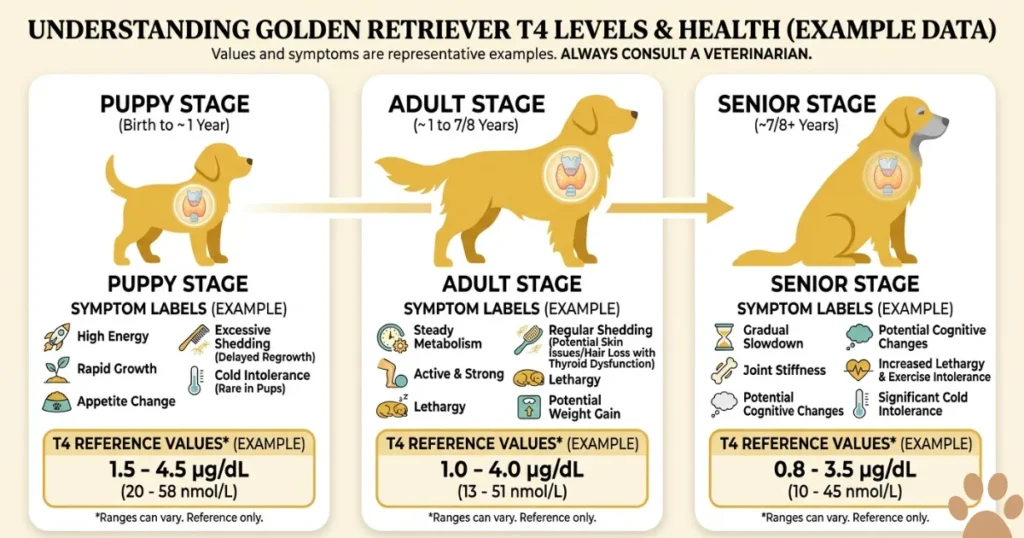 Symptoms of Thyroid Problems in a Dog: Infographic showing symptoms of thyroid disorder in dogs across Golden Retriever life stages with T4 ranges