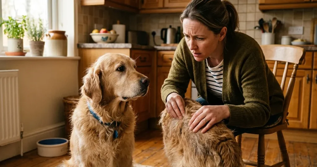 Dogs with Underactive Thyroid: Vet assessing Golden Retriever gait for neurological signs of underactive thyroid symptoms in dogs