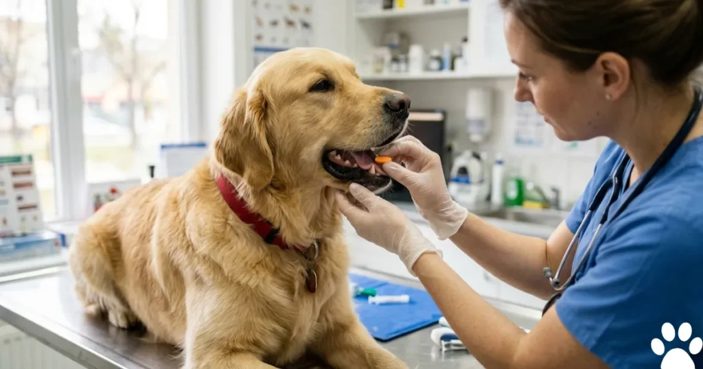 Keppra and Dogs: Golden Retriever receiving Keppra dog seizure tablet at veterinary appointment first dose