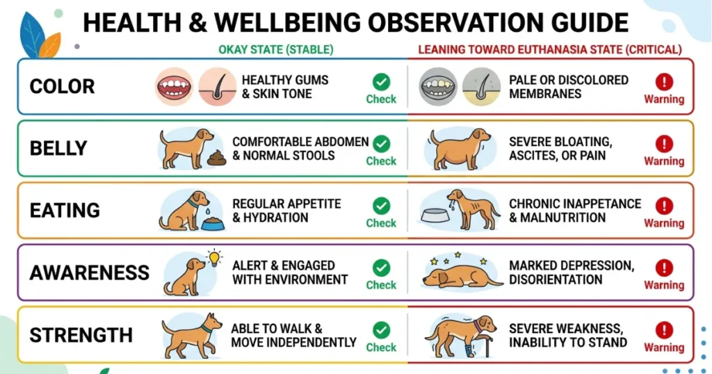 Liver Cancer in Dogs When to Euthanize: Infographic of liver cancer quality of life signs for deciding when to euthanize a dog.