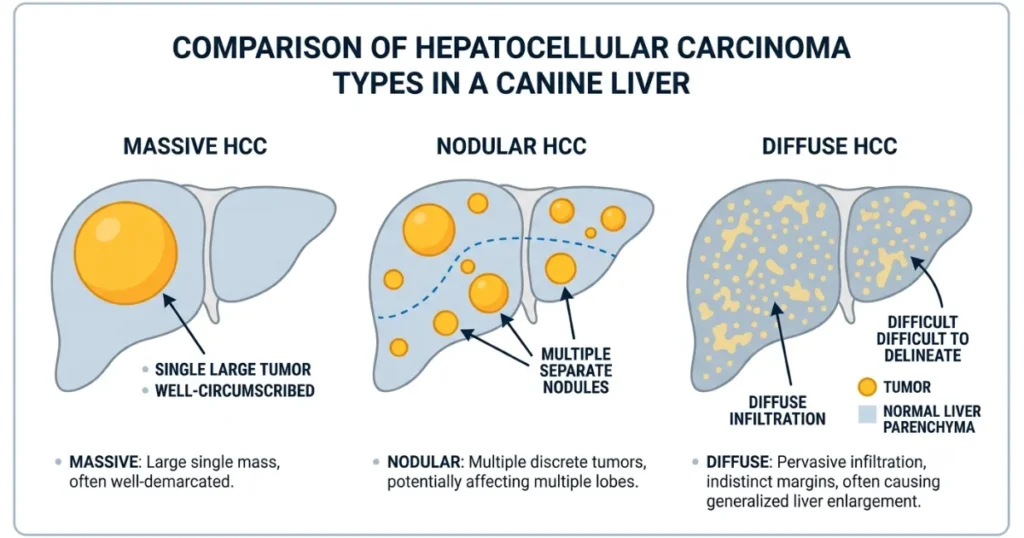 Liver Cancer in Dogs When to Euthanize: Diagram of massive, nodular, and diffuse liver cancer in dogs, the type that decides prognosis.