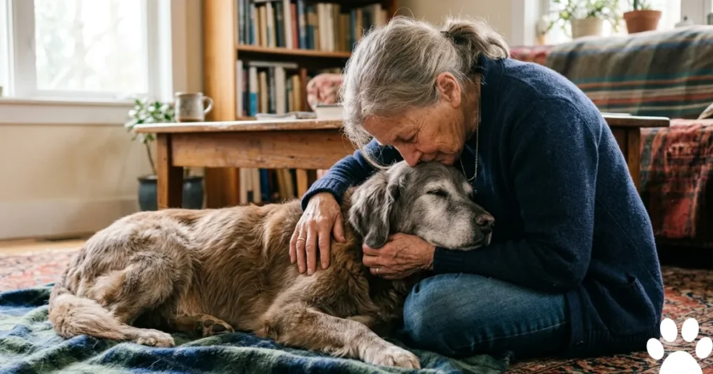 Liver Cancer in Dogs When to Euthanize: Real owner comforting a senior Golden Retriever with liver cancer during hospice care.
