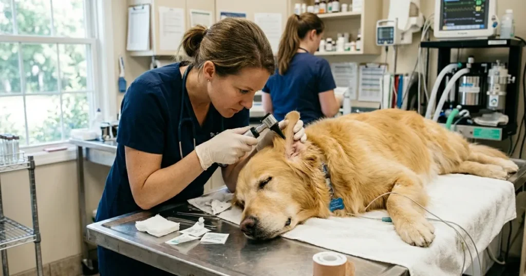 Dog Seizure Symptoms: Vet assessing Golden Retriever for what causes seizures in dogs