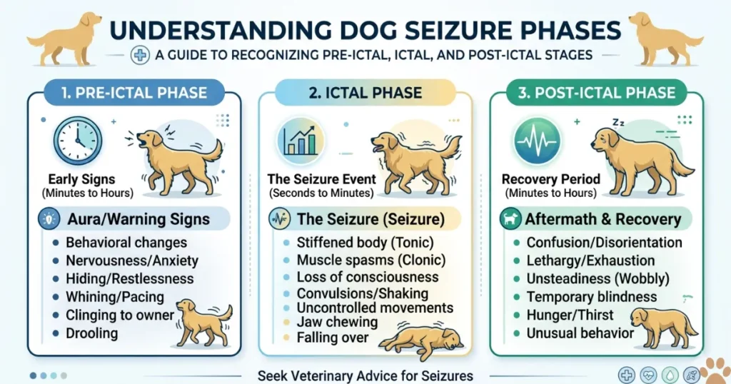 What Causes Seizures in Dogs: Infographic of three phases of dog seizure symptoms shown in Golden Retrievers