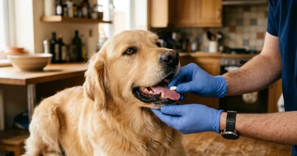 Dog Seizure Medication: Giving Golden Retriever dog seizure medication tablet during home treatment