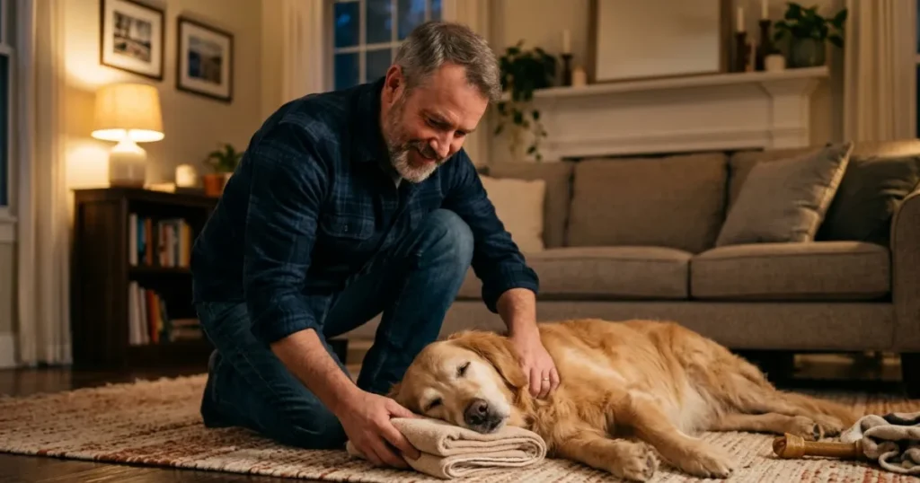 Why Do Dogs Have Seizures: Owner following GRI Seizure Response Protocol protecting Golden Retriever during seizure