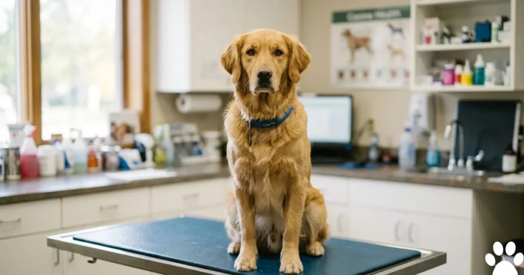 Seizures in Dogs: Adult Golden Retriever at vet clinic after diagnosis of seizures in dogs
