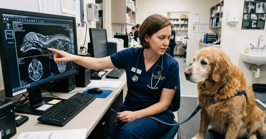 Senior Dog Seizure: Vet reviewing imaging to rule out a brain tumor in a senior dog with seizures