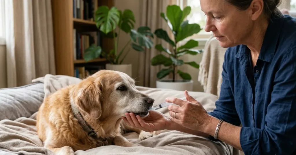 Signs a Dog is Dying of Cancer: Owner giving comfort care to a dog showing signs of dying of cancer at home.