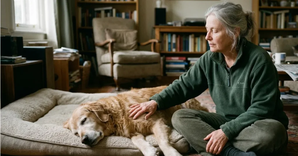 Stages of Dog Cancer Leading To Death: Real owner comforting a senior Golden Retriever through the final stages of cancer.