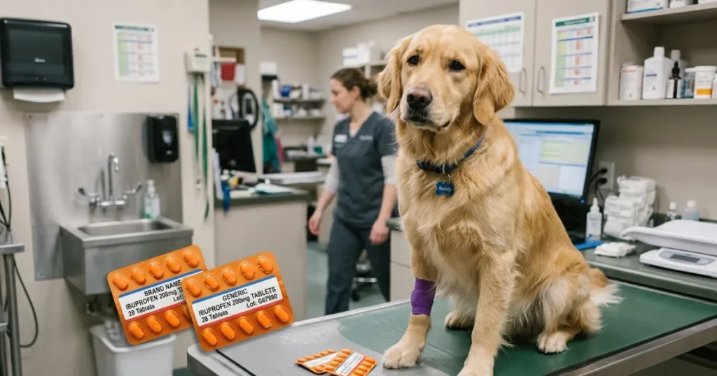 Thyroid Medication for Dogs: Brand versus generic canine thyroid medication options on veterinary exam table for Golden Retriever