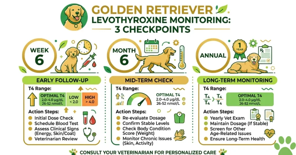 Thyroid Meds for Dogs: GRI Dose-Check Protocol infographic for monitoring canine thyroid medication in Golden Retrievers