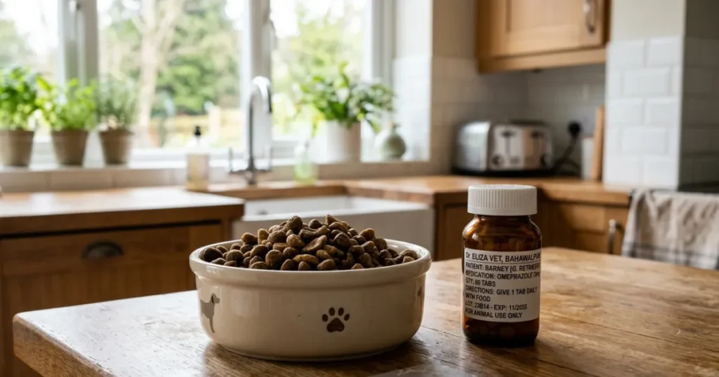 Thyroid Meds for Dogs: Golden Retriever grain-free food bowl beside thyroid medication — showing food interaction with levothyroxine absorption