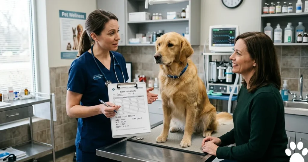 Canine Thyroid Medication: Vet reviewing T4 blood results for Golden Retriever on thyroid medication for dogs monitoring schedule