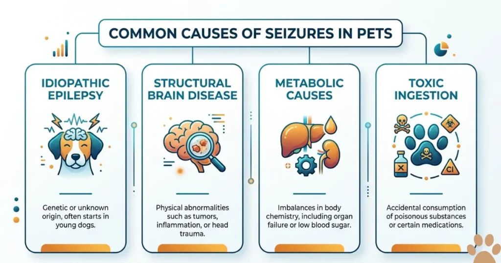 What Causes Dogs to Have Seizures: Infographic showing four main causes of seizures in dogs including epilepsy and toxins