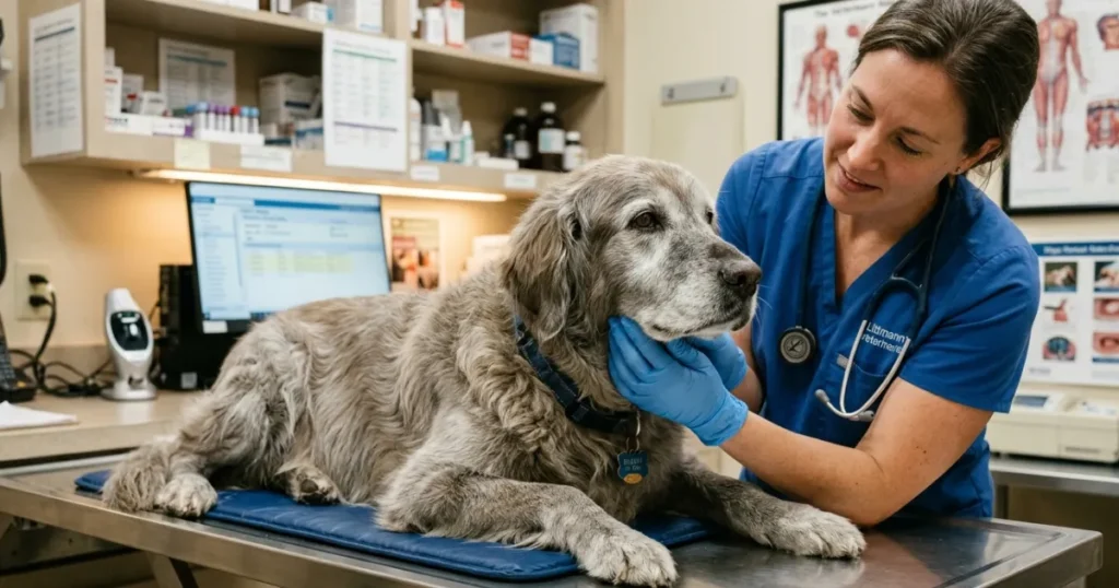 What Causes Dogs to Have Seizures: Veterinarian examining senior Golden Retriever for causes of dog seizures at clinic