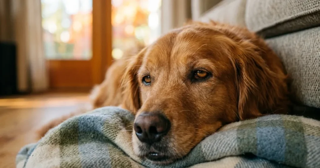 What Causes Seizures in Dogs: Golden Retriever in post-ictal recovery period after seizure looking disoriented at home